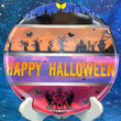 Load image into Gallery viewer, Top-down view of a pre-owned Happy Halloween Trilogy Man full-color DyeMax Westside Harp approach disc golf disc scaled at 175g in brand new 10 out of 10 uninked condition.
