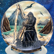 Load image into Gallery viewer, Top-down view of a pre-owned Michael Barnard grim reaper playing harp full-color DyeMax Westside Harp approach disc golf disc in Tournament plastic on a display stand.
