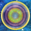 Load image into Gallery viewer, Top-down view of a pre-owned yellow, purple, and pink dyed Westside Harp approach disc golf disc with a mini harp stamp in VIP plastic scaled at 172g in brand new 10 out of 10 uninked condition.
