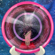Load image into Gallery viewer, Top-down view of a pre-owned pink, black, and red mini stamp Westside Harp approach disc golf disc in VIP X plastic scaled at 173g in brand new 10 out of 10 uninked condition.
