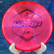 Load image into Gallery viewer, Top-down view of a pre-owned red and pink Ricky Wysocki tour series Westside Harp approach disc golf disc in VIP Glimmer plastic scaled at 174g in brand new 10 out of 10 uninked condition.
