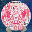 Load image into Gallery viewer, Top-down view of a pre-owned pink Westside Harp approach disc golf disc featuring a Trilogy Man Breast Cancer Awarness stamp.
