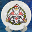 Load image into Gallery viewer, Top-down view of a pre-owned white Westside Harp approach disc golf disc featuring a Trilogy Santa graphic design.
