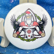 Load image into Gallery viewer, Top-down view of a pre-owned white Westside Harp approach disc golf disc featuring a Trilogy Santa graphic design.
