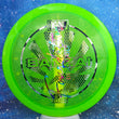 Load image into Gallery viewer, Top-down view of a pre-owned neon lime DGA Banzai fairway driver disc golf disc in Sparkle Line SP plastic with a Foundation overstamp scaled at 173g in brand new 10 out of 10 uninked condition.

