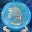 Load image into Gallery viewer, Pre-owned blue Discraft Buzzz ESP Swirl plastic midrange, 178g, Brodie Smith "Dark Horse" edition featuring a large gold foil horse head specialty stamp in 9/10 uninked condition.
