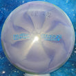 Load image into Gallery viewer, Top-down view of a pre-owned purple and lime swirl Discraft Buzzz midrange disc golf disc in Titanium plastic scaled at 178g in 9.5 out of 10 inked condition.

