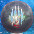 Load image into Gallery viewer, Top-down view of a maroon and black pre-owned Discraft Zeus distance driver disc golf disc featuring a Paul McBeth 6 Claw foil stamp rated 9/10 condition.
