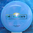 Load image into Gallery viewer, Top-down view of a blue swirl pre-owned Discraft Paul McBeth Prototype Malita midrange disc golf disc rated 9/10 condition.
