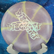 Load image into Gallery viewer, Top-down view of a pre-owned purple and lime swirl Discraft Stratus midrange disc golf disc in ESP Swirl plastic scaled at 166g in 7 out of 10 uninked condition.
