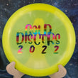 Load image into Gallery viewer, Top-down view of a pre-owned neon yellow translucent Discraft Thrasher distance driver disc golf disc in Z-Line plastic featuring a 2022 event stamp scaled at 172g in 9.5 out of 10 uninked condition.
