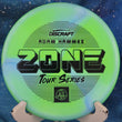 Load image into Gallery viewer, Pre-owned lime green Discraft Zone ESP Swirl plastic approach disc, 174g, 2022 Adam Hammes Tour Series edition featuring a Lime and Blue "AH" specialty stamp in 8/10 light inked condition.
