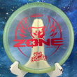 Load image into Gallery viewer, Pre-owned light green Discraft Zone Cryztal FLX plastic approach disc, 174g, Brodie Smith "Get Freaky" edition featuring a large red foil "Zone" wing and cat specialty stamp in 7.5/10 light inked condition.
