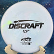 Load image into Gallery viewer, Pre-owned light blue and white swirly Discraft Zone ESP plastic approach disc, 174g, featuring a large black "Discraft ESP" logo and a smaller "Zone" putt and approach stamp (4/3/0/3) in 8/10 inked condition.
