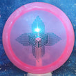 Load image into Gallery viewer, Top-down view of a pre-owned neon pink Dynamic Discs Enforcer Sockibomb FourPoints edition distance driver disc golf disc in Lucid Chameleon plastic scaled at 175g in 8.5 out of 10 inked condition.

