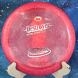 Load image into Gallery viewer, Top-down view of a translucent red Innova Metal Flake Champion Destroyer. The disc features a sparkling metal flake texture throughout the plastic and a large white "Metal Flake Champion Destroyer" flight numbers stamp. It is displayed on a white stand against a dark starry background.

