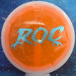 Load image into Gallery viewer, Top-down view of a pre-owned white and neon orange Innova Roc 2026 Worlds edition midrange disc golf disc in Metal Flake Halo Champion plastic scaled at 180g in brand new 10 out of 10 uninked condition.
