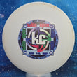 Load image into Gallery viewer, Top-down view of a pre-owned white Innova Valkyrie 2004 KC Wide Open tournament edition distance driver disc golf disc in penned PFN KC Pro plastic scaled at 170g in 8 out of 10 inked condition.
