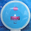 Load image into Gallery viewer, Top-down view of a pre-owned white and blue Kastaplast Idog fairway driver disc golf disc in K1 Grind plastic scaled at 172g in 7.5 out of 10 uninked condition.
