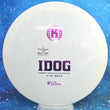 Load image into Gallery viewer, Top-down view of a pre-owned white Kastaplast Idog fairway driver disc golf disc in K1 Line plastic scaled at 174g in 7.5 out of 10 condition with ink on front stamp.
