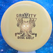 Load image into Gallery viewer, Top-down view of a pre-owned yellow Kastaplast Reko putt and approach disc golf disc in K1 plastic featuring a custom Gravity stamp scaled at 173g in 8 out of 10 inked condition.
