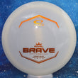 Load image into Gallery viewer, Top-down view of a pre-owned white Latitude 64 Brave fairway driver disc golf disc in Royal Clear plastic scaled at 173g in 8 out of 10 uninked condition.
