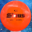 Load image into Gallery viewer, Top-down view of an orange pre-owned Latitude 64 Sinus putter disc golf disc in Opto plastic featuring a stock foil stamp rated 9/10 condition.
