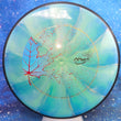Load image into Gallery viewer, Top-down view of a pre-owned blue and teal swirl MVP Entropy overstable putt and approach disc golf disc in Plasma plastic featuring a 2022 MVP Open stamp scaled at 175g in 9 out of 10 uninked condition.
