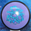 Load image into Gallery viewer, Top-down view of a pre-owned purple and blue swirl MVP Photon Silva Saarinen Special Edition distance driver disc golf disc in Fission plastic featuring blue flowers foil scaled at 174g in 9 out of 10 uninked condition.
