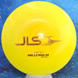 Load image into Gallery viewer, Top-down view of a pre-owned yellow and orange swirl Millennium JLS straight fairway driver disc golf disc in Run 1.32 plastic scaled at 175g in brand new 10 out of 10 uninked condition.
