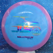 Load image into Gallery viewer, Top-down view of a pre-owned purple and blue swirl Millennium JLS straight fairway driver disc golf disc in Sirius Helio Run 1.1 plastic scaled at 167g in brand new 10 out of 10 uninked condition.
