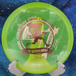 Load image into Gallery viewer, Top-down view of a pre-owned neon yellow Prodigy A2 overstable approach disc golf disc in 400 plastic featuring a custom stamp scaled at 173g in 9 out of 10 uninked condition.
