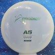 Load image into Gallery viewer, Top-down view of a pre-owned white Prodigy A5 approach disc golf disc in 400 Glow plastic scaled at 177g with a flat top in 8 out of 10 inked condition.
