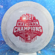 Load image into Gallery viewer, Top-down view of a pre-owned silver Prodigy D1 2021 UGA National Champions commemorative edition distance driver disc golf disc in chalky 400 plastic scaled at 174g in 9.5 out of 10 uninked condition.
