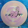 Load image into Gallery viewer, Top-down view of a pre-owned purple and yellow swirl Prodigy D1 Kevin Jones Team bottom stamped distance driver disc golf disc in 400 Spectrum plastic signed by Kevin Jones scaled at 175g in brand new 10 out of 10 uninked condition.
