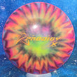 Load image into Gallery viewer, Top-down view of a pre-owned tie-dye Prodigy D1 X-Out distance driver disc golf disc in domey 750G plastic scaled at 171g in 8 out of 10 inked condition.

