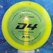 Load image into Gallery viewer, Top-down view of a pre-owned neon yellow Prodigy D4 lightweight distance driver disc golf disc in 400 AIR plastic scaled at 162g in 8 out of 10 inked condition.
