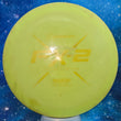 Load image into Gallery viewer, Top-down view of a pre-owned lime green Prodigy FX-2 fairway driver disc golf disc in 400G plastic with a slight puddle top scaled at 172g in 8 out of 10 inked condition.
