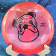 Load image into Gallery viewer, Top-down view of a pre-owned red Prodigy FX-2 custom stamp fairway driver disc golf disc in 400 plastic scaled at 174g in 8 out of 10 condition with ink on stamp.
