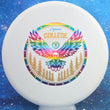 Load image into Gallery viewer, Top-down view of a white pre-owned Prodigy Good Boy P Model S putter disc golf disc in 300 plastic featuring a gold and rainbow custom foil stamp rated 9/10 condition.
