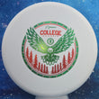 Load image into Gallery viewer, Top-down view of a white pre-owned Prodigy Good Boy P Model S putter disc golf disc in 300 plastic featuring a green and red custom foil stamp rated 9/10 condition.
