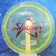 Load image into Gallery viewer, Top-down view of a pre-owned translucent neon yellow Prodigy H2v2 hybrid distance driver disc golf disc in PFN First Run 400 plastic scaled at 175g in brand new 10 out of 10 uninked condition.
