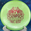Load image into Gallery viewer, Top-down view of a pre-owned lime green Prodigy M4 midrange disc golf disc in 500 plastic featuring a Howard Disc Golf custom stamp scaled at 180g in 9 out of 10 inked condition.

