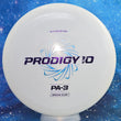 Load image into Gallery viewer, Top-down view of a pre-owned white Prodigy PA-3 10 Year Special Blend putt and approach disc golf disc featuring Wonder Bread foil scaled at 171g in brand new 10 out of 10 uninked condition.
