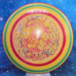 Load image into Gallery viewer, Top-down view of a pre-owned yellow, red, and green swirl Prodigy PA-3 putt and approach disc golf disc in Spectrum 750 Glimmer plastic scaled at 173g in 9 out of 10 uninked condition.
