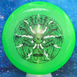 Load image into Gallery viewer, Top-down view of a pre-owned lime green Prodigy Pivot putt and approach disc golf disc in 400 Glow plastic featuring a Seraphim custom stamp scaled at 174g in 8.5 out of 10 uninked condition.

