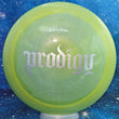 Load image into Gallery viewer, Top-down view of a pre-owned lime and blue Prodigy X3 Club Box Bar Stamp distance driver disc golf disc in Spectrum 400 Glimmer plastic scaled at 174g in brand new 10 out of 10 uninked condition.

