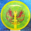Load image into Gallery viewer, Top-down view of a pre-owned yellow swirl Eagle McMahon Rebirth Axiom Envy putt and approach disc golf disc in Prism Proton plastic with yellow rim scaled at 173g in 8 out of 10 uninked condition.
