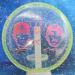 Load image into Gallery viewer, Top-down view of a lime green translucent pre-owned Discraft Luna putt and approach disc golf disc in Battle Pack Z Confetti plastic with a multi-color foil Luna Battle Pack stamp.
