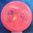 Load image into Gallery viewer, Top-down view of a pink and lime green swirly pre-owned Discraft Luna putt and approach disc golf disc in Battle Pack ESP plastic with a metallic blue foil Luna Battle Pack stamp.
